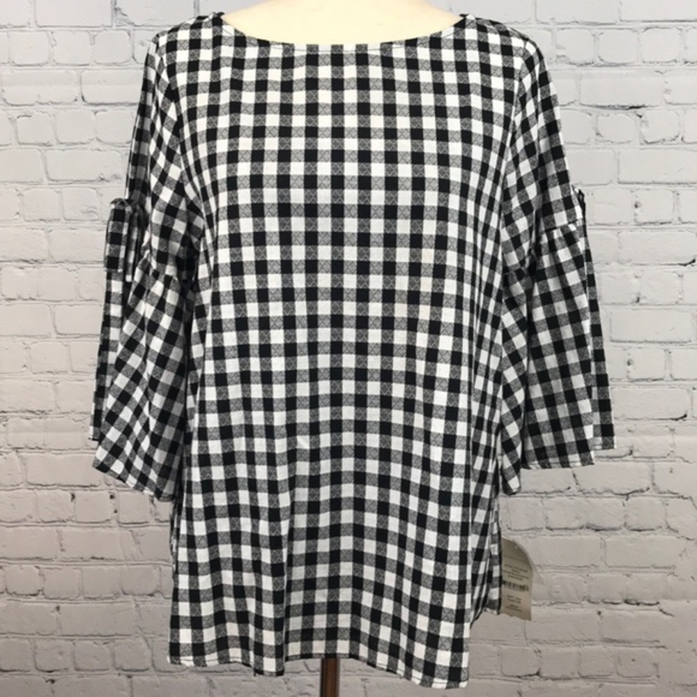 VALERIE STEVENS Black White Plaid Bell Top sz S
